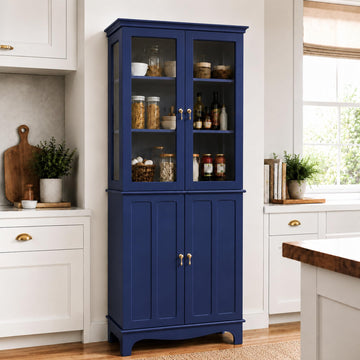 72" China Cabinet, Freestanding Kitchen Pantry with Tempered Glass Doors, Tall Sideboard Buffet Hutch with Adjustable