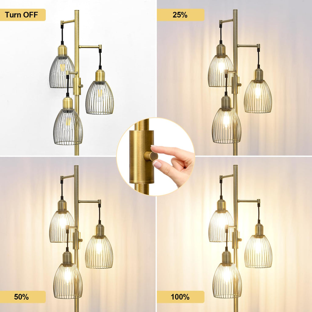 Dimmable Floor Lamp, 3 x 800LM LED Edison Bulbs Included, Farmhouse Industrial Floor Lamp Standing Tree Lamp