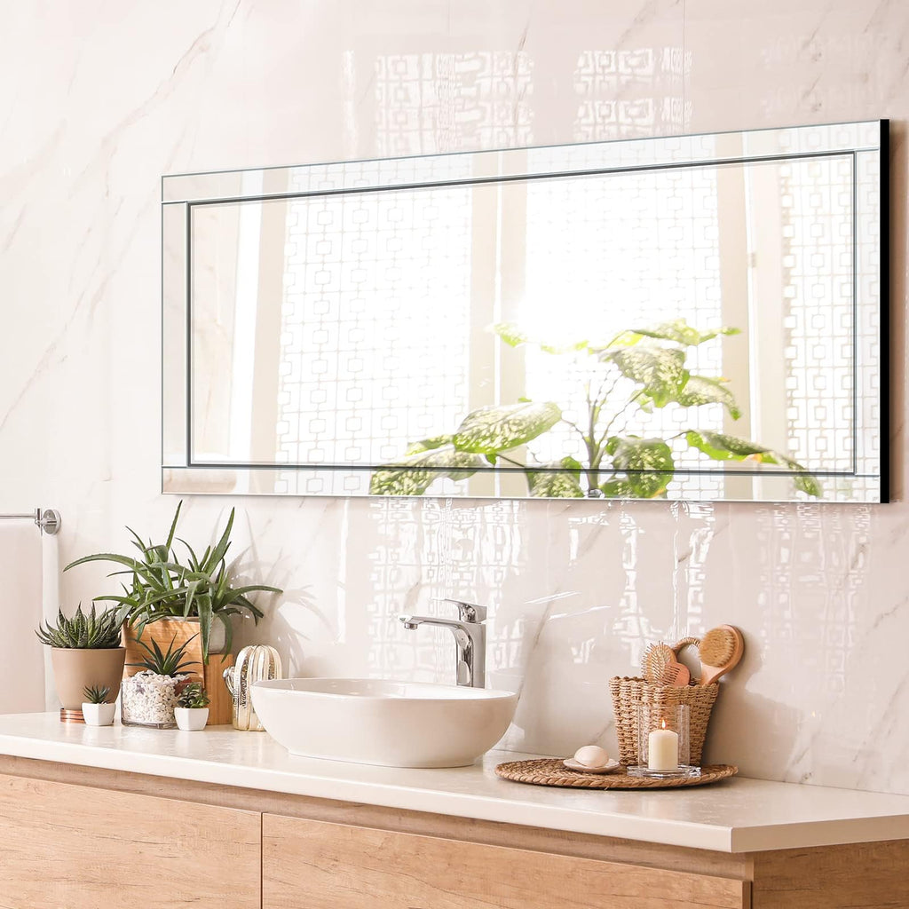 56"x20" Wall Mounted Full Length Mirror with Reflect Frame, Large Rectangle Beveled Frameless Full Body Mirror