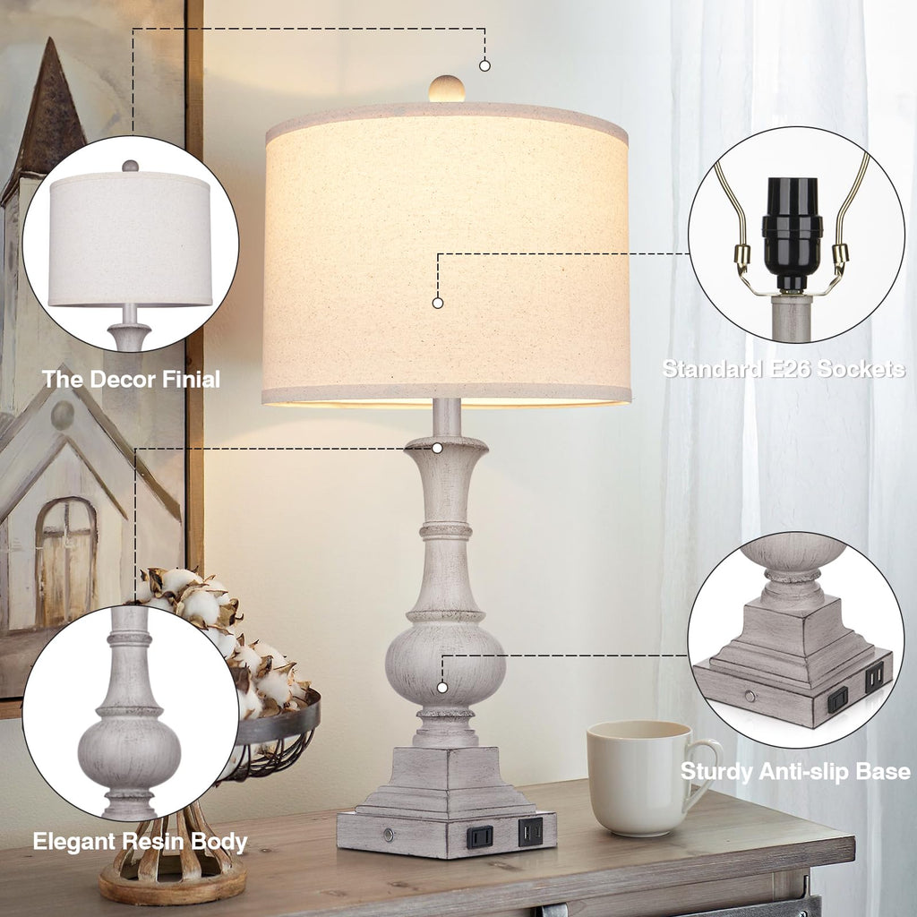 26" Farmhouse Lamp with 2 USB Ports & AC Outlet, Vintage Rustic Touch Control Bedside Lamp, Resin 3-Way Dimmable