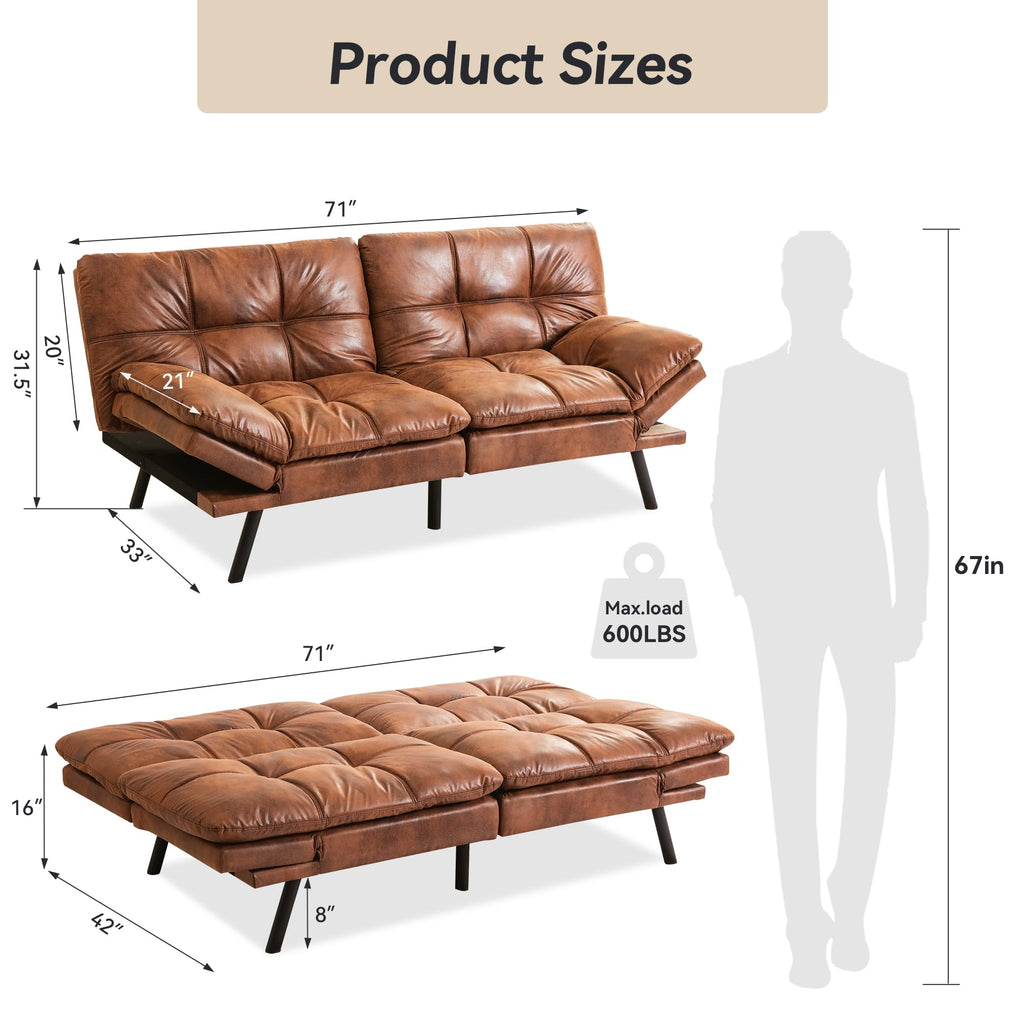 Saddle Brown Faux Leather Futon Sofa Bed, Convertible Futon Couch