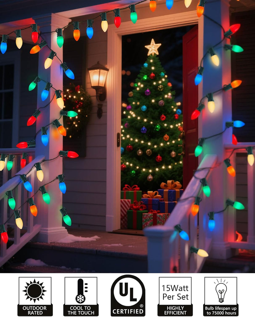 Christmas Lights Outdoor 25Ft C9 LED Vintage Christmas Lights with 27 LED Multicolor Ceramic Glass Bulbs(2 Spare)