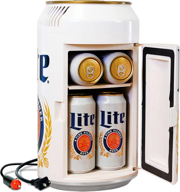 Miller Lite 8 Can Thermoelectric Mini Fridge 5.4 L/ 5.7 Quarts Capacity, 12V DC/110V AC cooler for home, den, dorm
