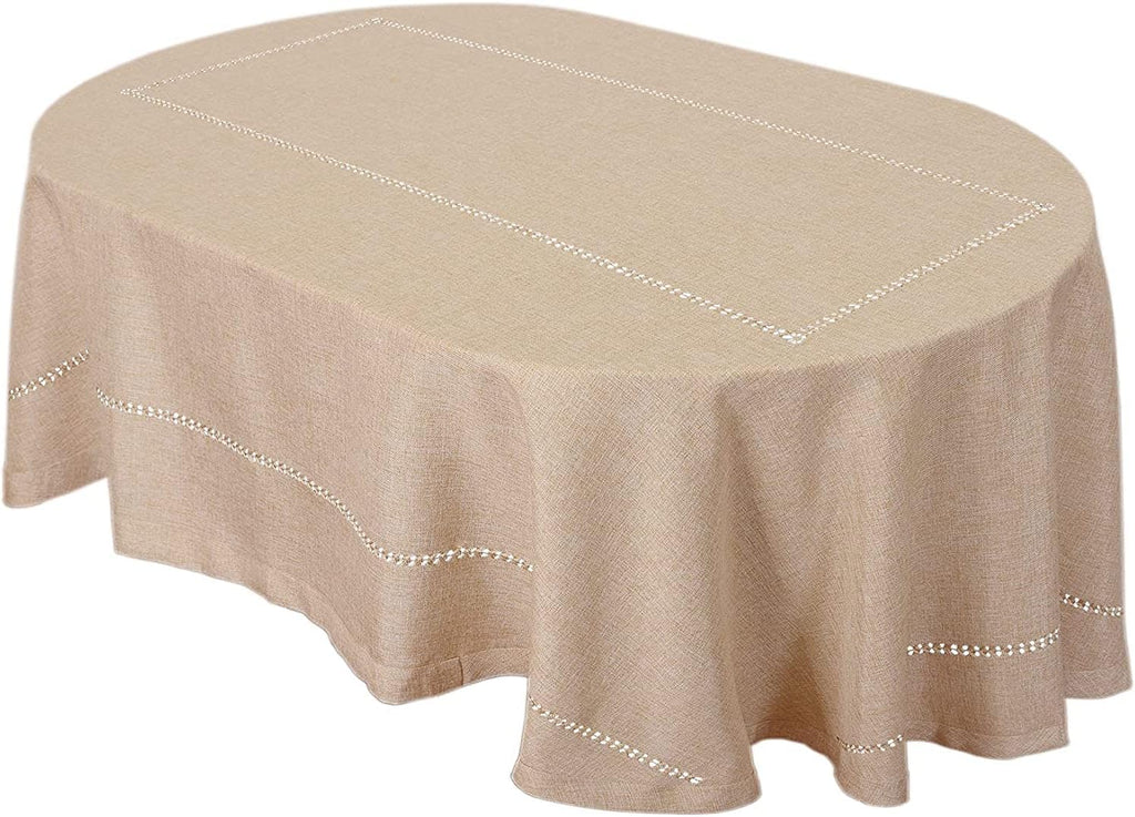Solid Beige Color Double Hemstitched Dining Oval Tablecloth (Beige, Oval 60x120 inches)