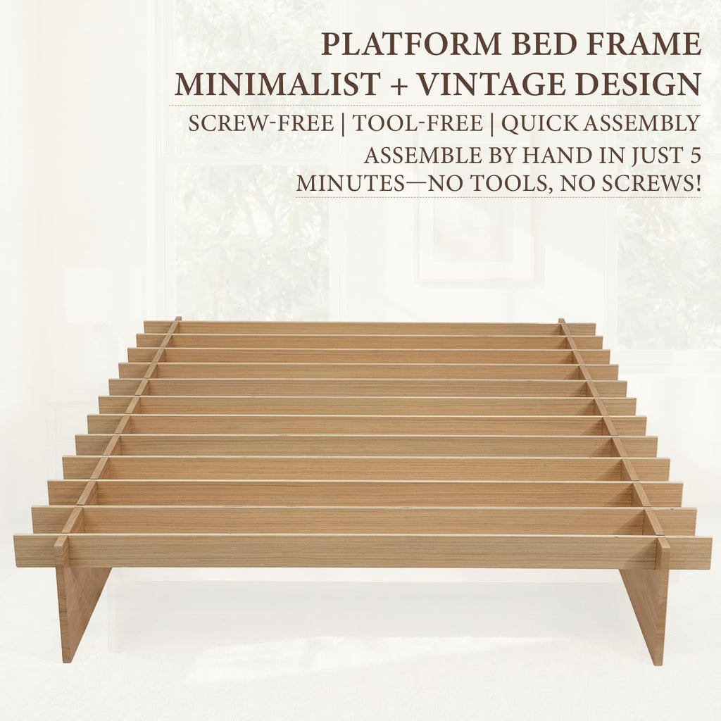 Wood Platform Bed Frame, Platform Bed Frame with Wooden Slats, 10 Min Tool Free Assembly, Japanese