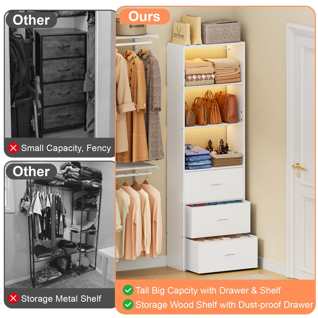 21.3" Wide Tall Wood Closet Organizer System with 3 Fabric Drawers