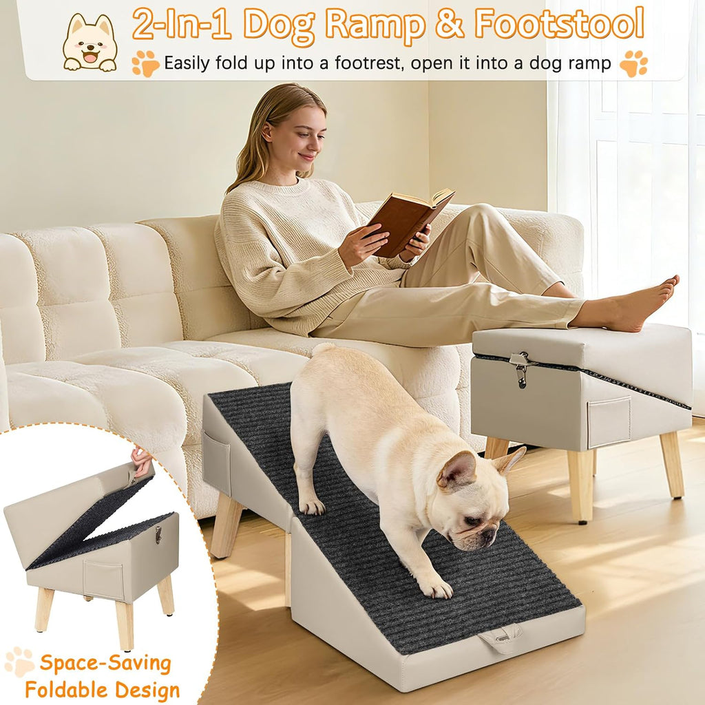 Ottoman Dog Ramp for Couch, 2-in-1 Foldable Dog Stairs for Small Dogs, Gray