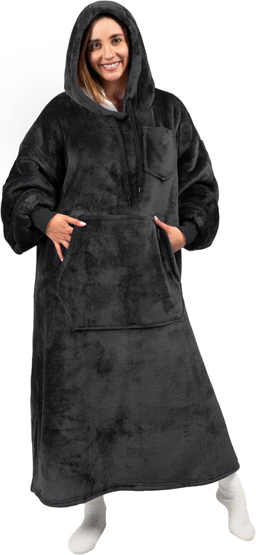 Blanket Hoodie for Women Black, Sherpa Wearable Blanket Men, Cozy Oversized Sweatshirt Blanket, Warm Fleece Hooded