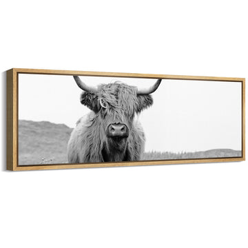Large Framed Canvas Print Wall Art Highland Cow Black and White Animal Portrait Antique Retro Fine Art Illustrations