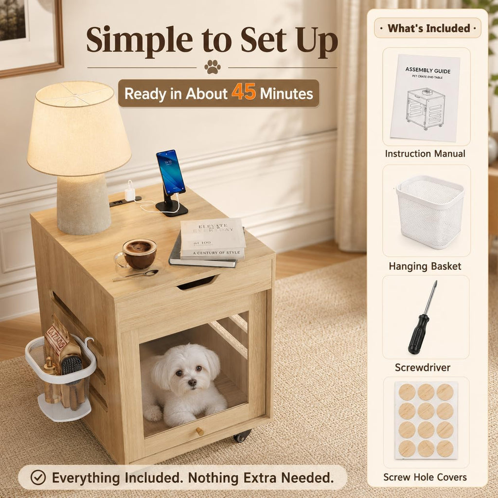 Dog Cage Furniture with Flip-Up Glass Door & Lockable Wheels -Natural Wood