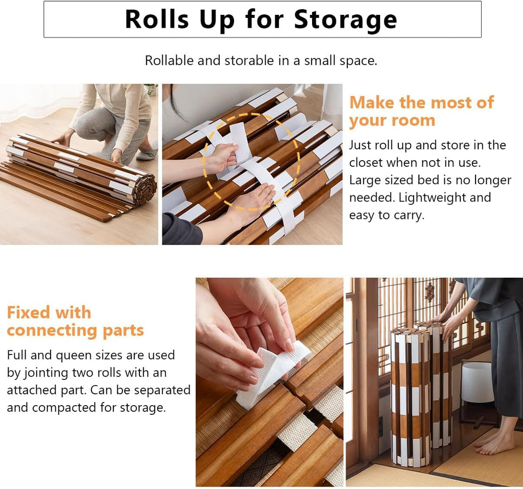 Wood Roll-Type Slatted Bed for Japanese Futon Mattress (Brown), Breathable Floor Sleep Tatami Mat