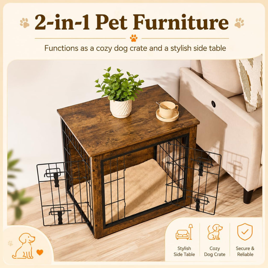 27.5in Wooden Dog Crate Furniture w/Cushion for Small Medium Dogs