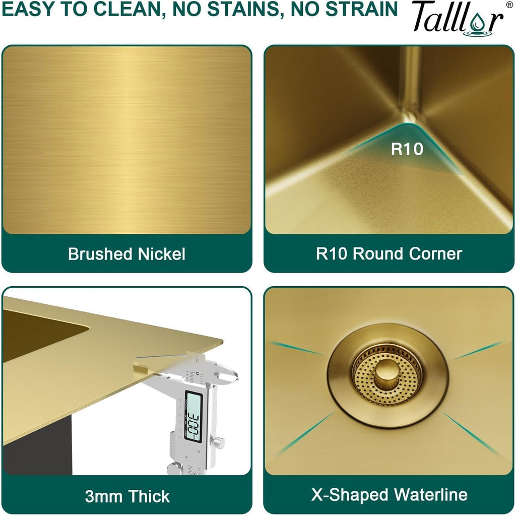 36x22" Gold Drop Sink, Workstation All-In One, SUS304 | 16 Gauge Stainless Steel Single Bowl Topmount Large Kitchen
