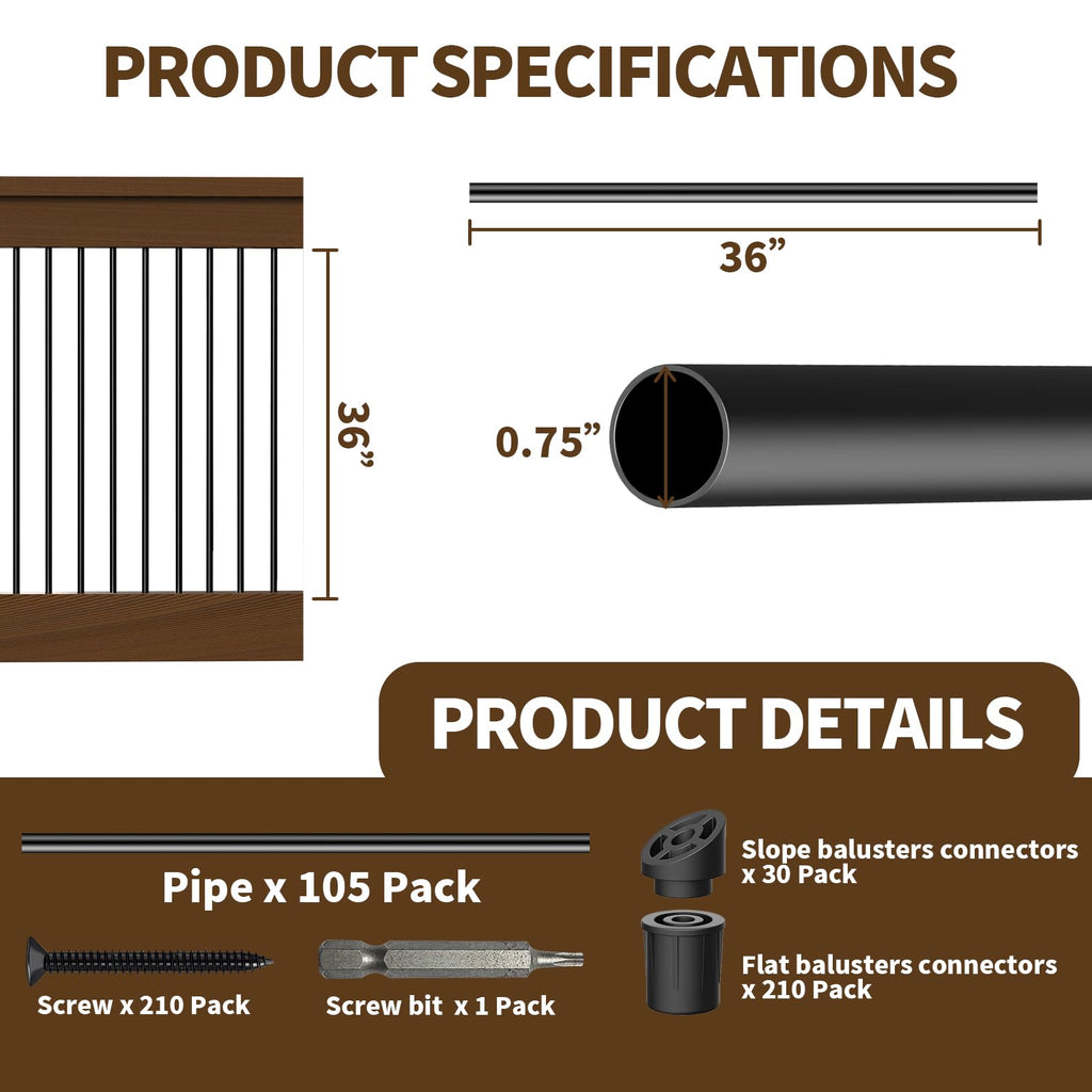 105 Pack 36" Aluminum Deck Balusters, 3/4" Round Railing Spindles with Connectors and Screw, Hollow Metal Balusters