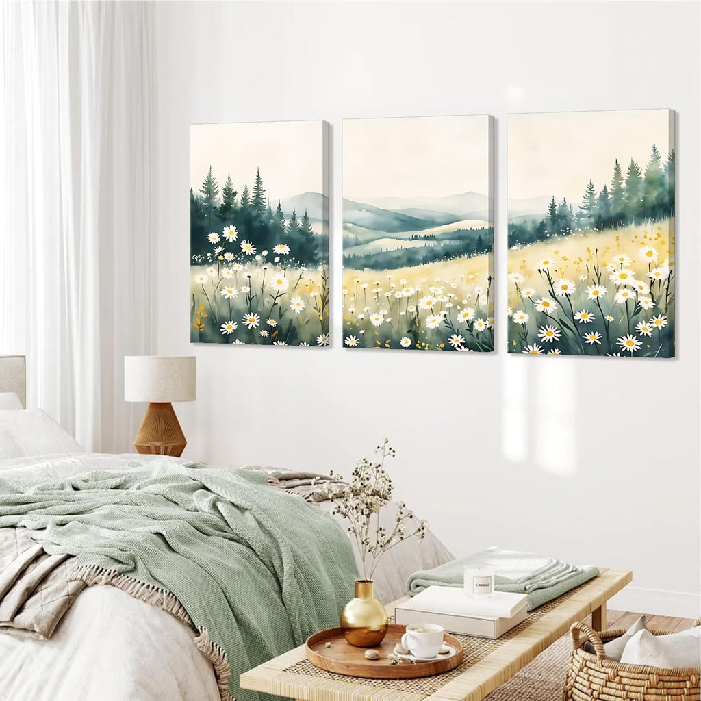Boho Mountain Flower Wall Art Landscape Green Daisy Canvas Wall Decor Abstract Wildflower Art Prints Farmhouse