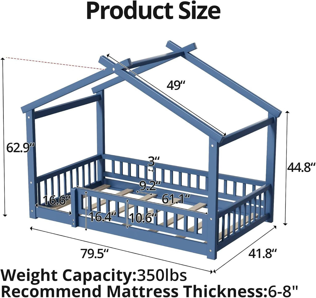 House‐Style Floor Bed Frame with Guardrail Fence, Solid Wood Montessori‐Inspired Bed with Wood Slat Support