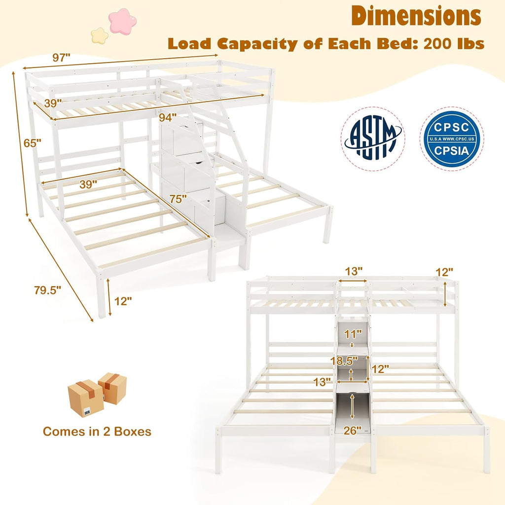 Triple Bunk Bed with Stairs, Twin Over Twin & Twin Bunk Bed Frame with Guardrail & Storage