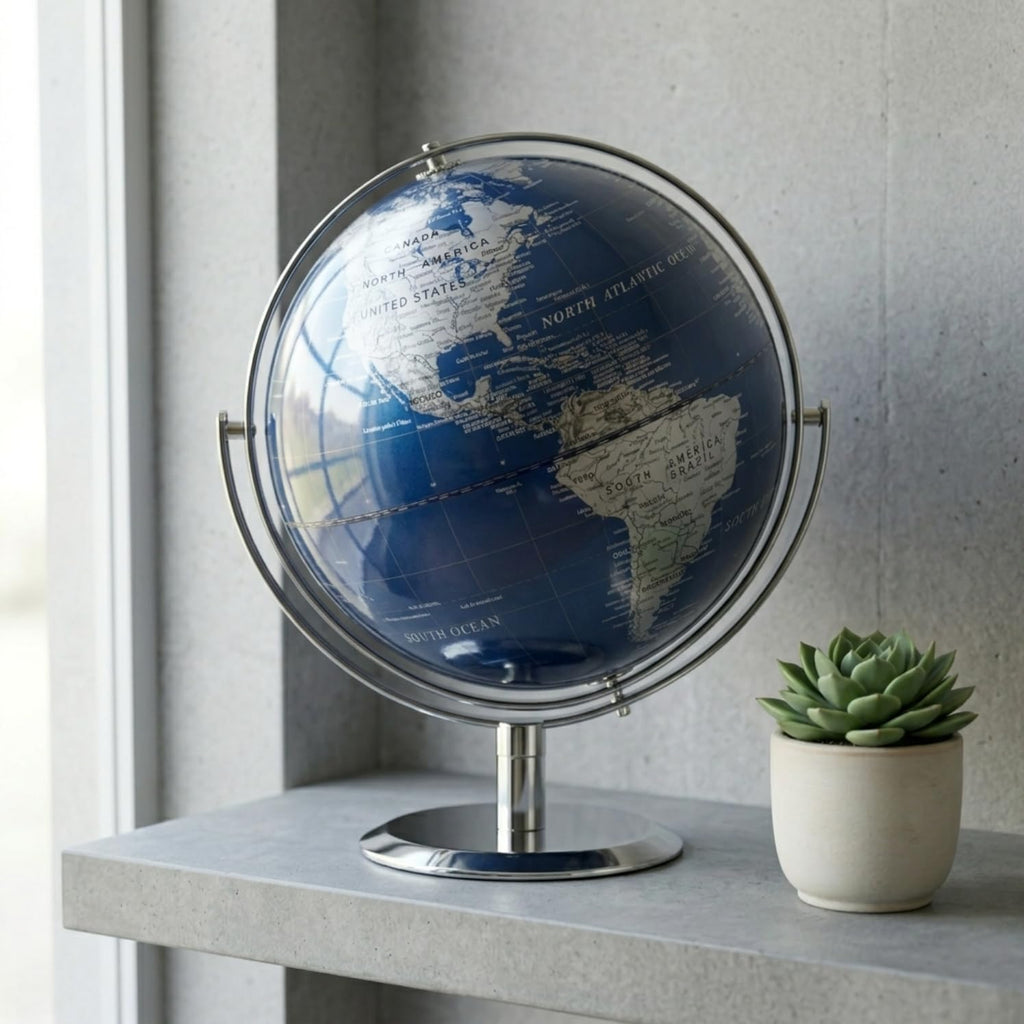 8" Blue World Globe with 720° Rotating Stainless Steel Stand for Adults - Elegant Adult Bookcase Decorative Home Desk
