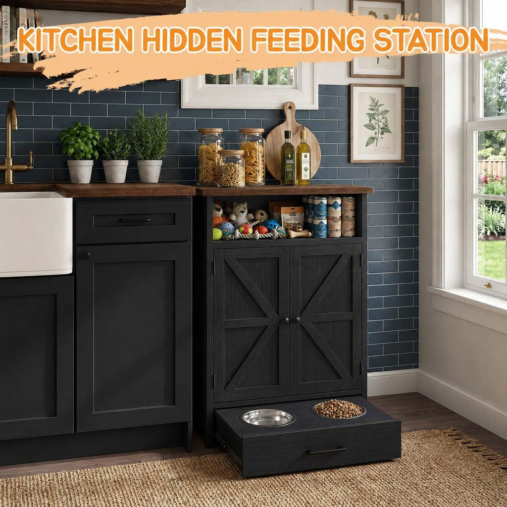 Dog Food Storage Cabinet, Dog Feeding Station with Storage, Black