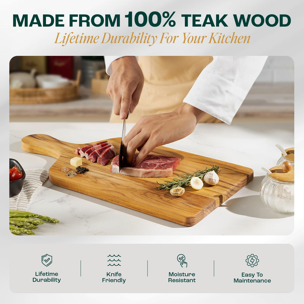 Teak Cutting Boards, [20''Lx10''Wx0.75"] Ergonomic Handle Serving Board, Pre-Oiled Teak Wood Charcuterie Board