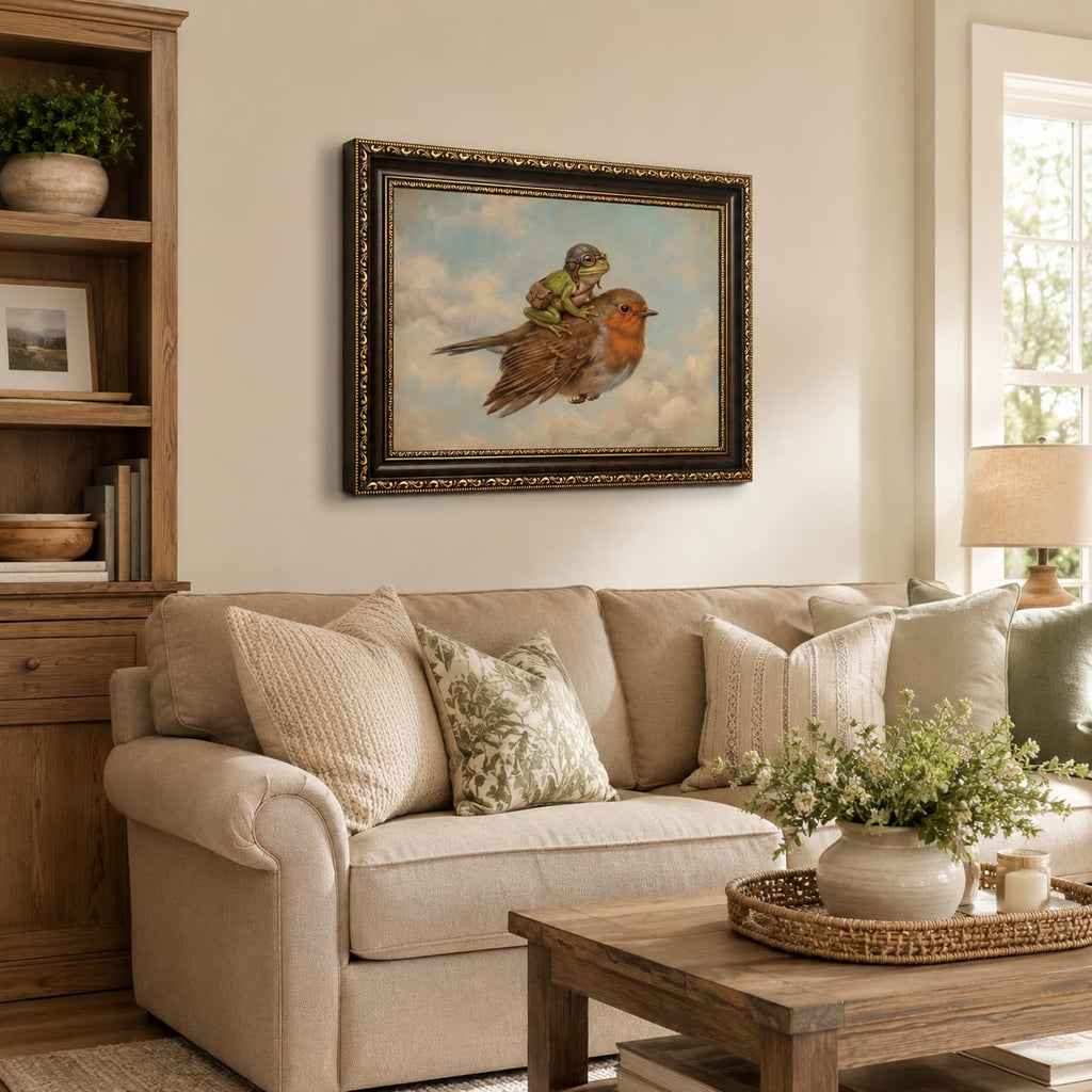 Whimsical Frog Riding Bird Framed Wall Art, Quirky Frog Print, 16x24in