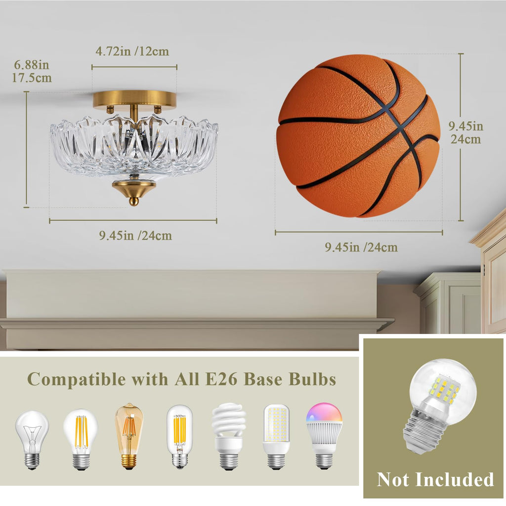 Vintage Ceiling Light, Semi Flush Mount Ceiling Light 9.44 Inch E26 Small Transparent Glass Ceiling Lighting Kitchen