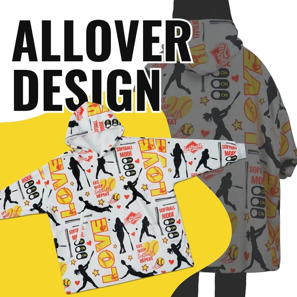 Softball Gifts, Wearable Oversized Blanket Hoodies | Softball Blanket for Women, Flannel Hooded Blankets, One Size