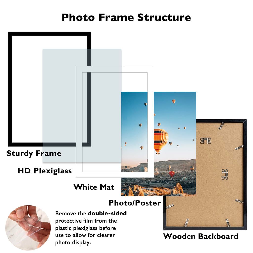 13x19 Picture Frame Set of 2 with 11x17 Mat, Black 13 x 19 Poster Frames with Shatter Resistant Plexiglass, Display