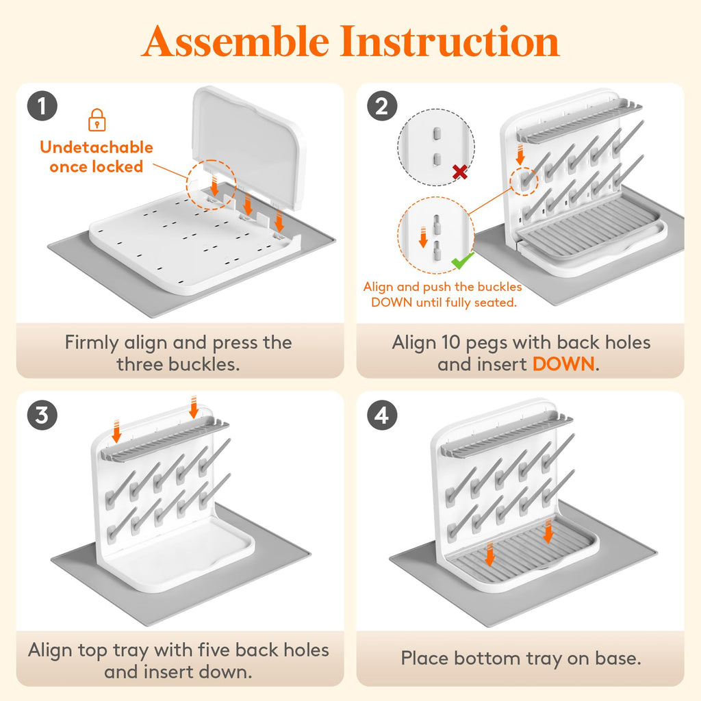 10-Hooks Baby Bottle Drying Rack with Drain Mat for Countertop