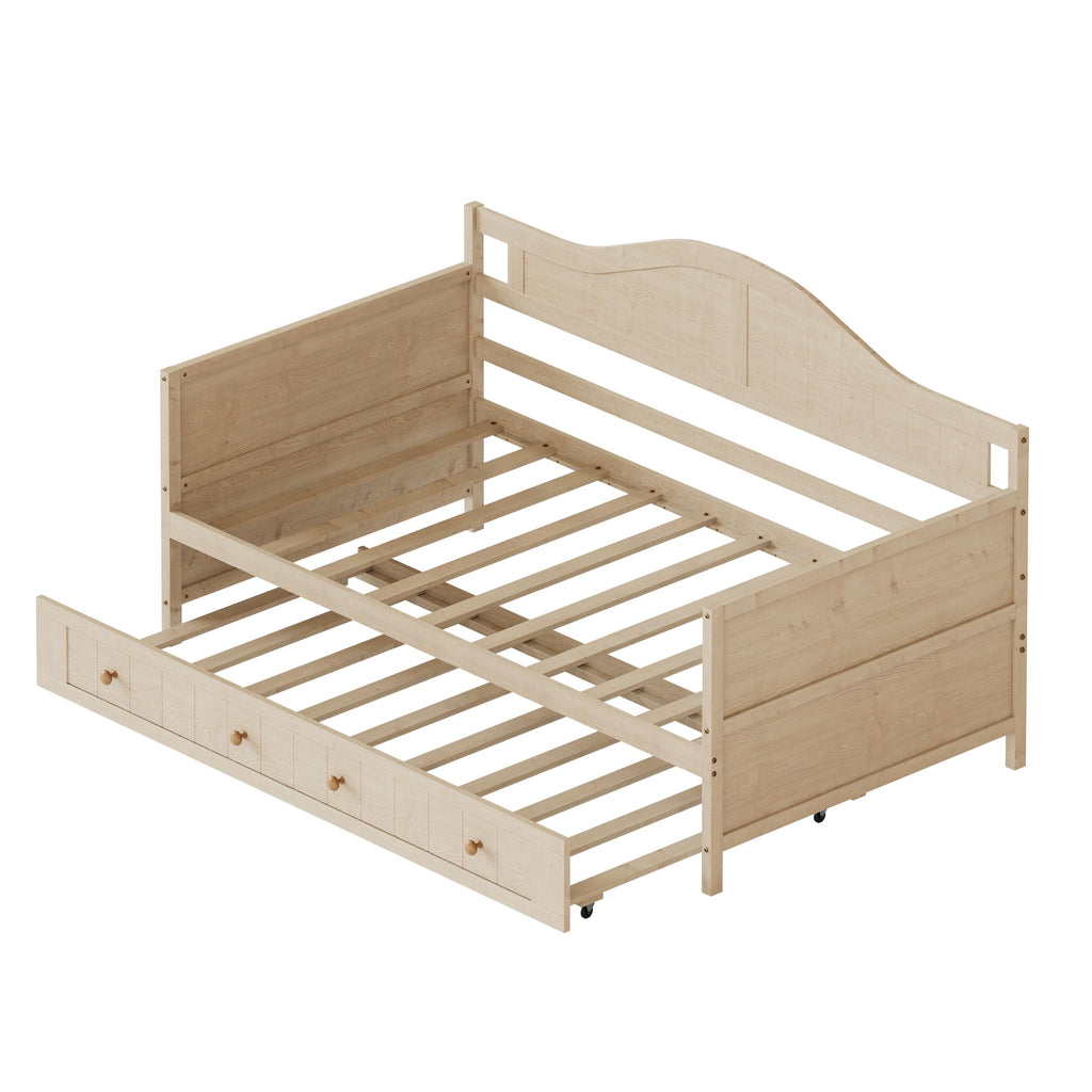 Twin Size Wood Daybed with Trundle, Mid-Century Modern Daybed with Curved Headboard, Twin Trundle Bed with Wood Slat