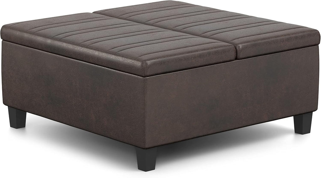 Ellis 36" Wide Vegan Leather Storage Ottoman in Stone Grey | Contemporary tufted ottoman with lift-up lid storage ;