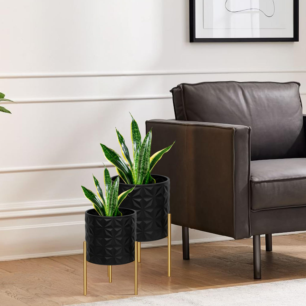 Modern Planter Pots, Set of 2 Large Planters with Stand, Decorative Planters, Metal Pots with Drainage Holes, Garden