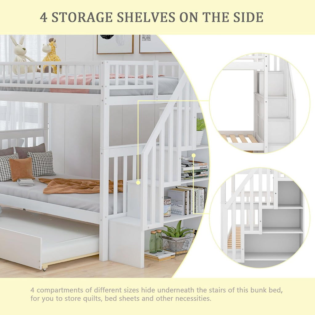Twin Over Twin Bunk Bed with Trundle, Storage Staircase and Full Length Guardrail, Solid Wood Stairway Bunk Bed