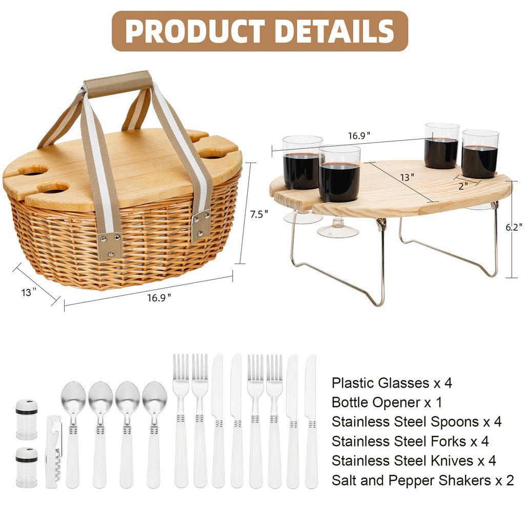 Wicker Picnic Baskets Set for 4 with Wine Table for Family, Beige