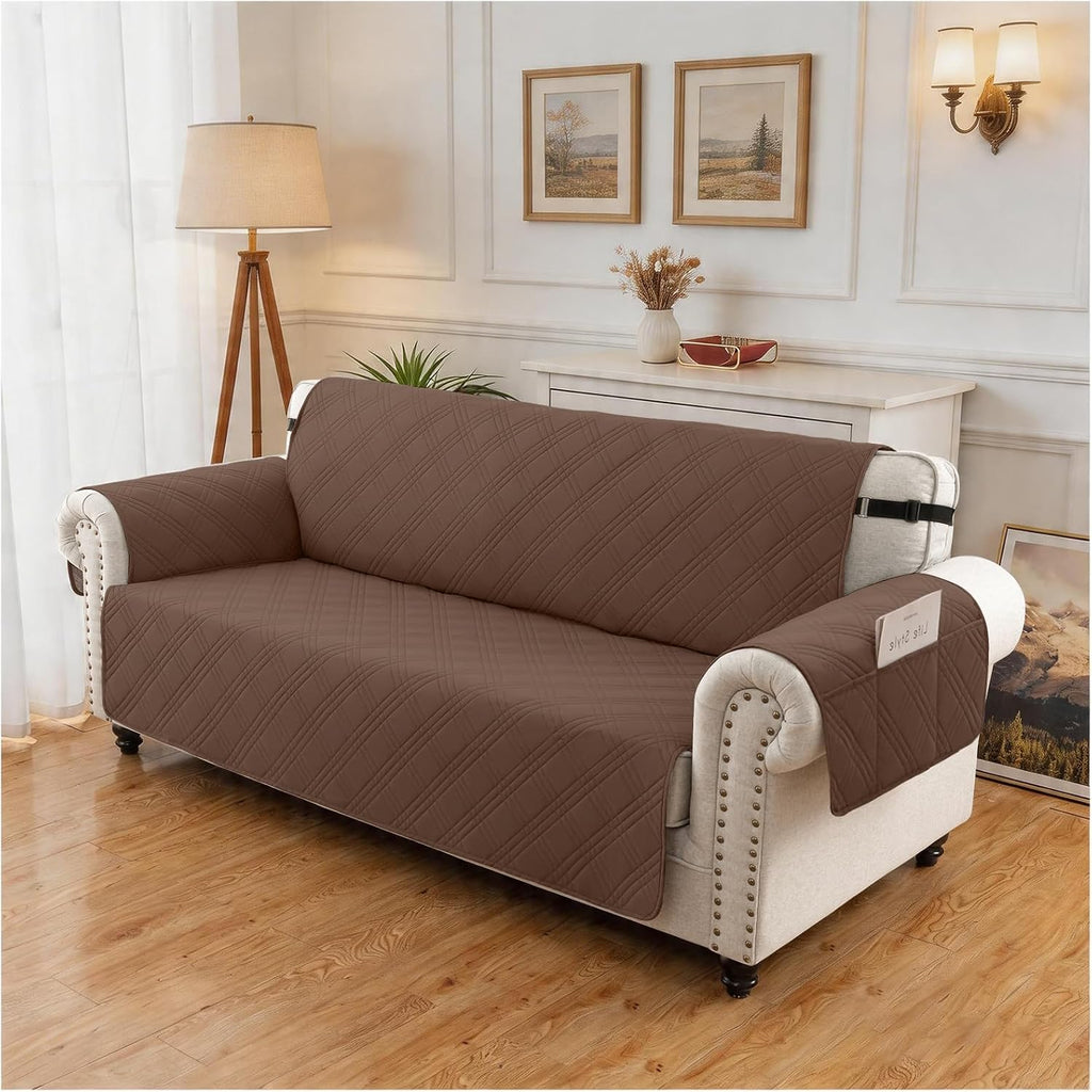 100% Waterproof Couch Cover for Dogs, Washable Anti-Slip Sofa Cover with Elastic Straps & Side Pockets, Quilted