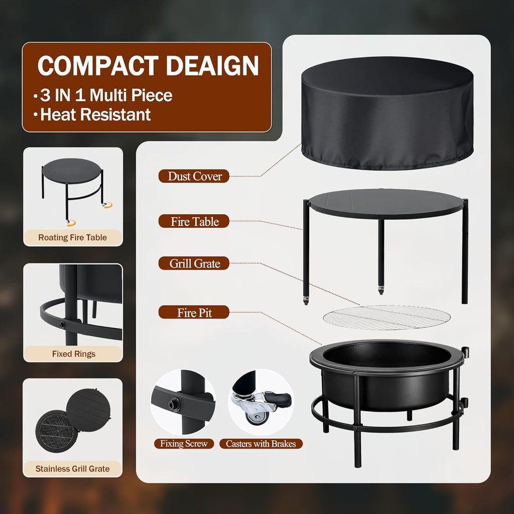 Fire Pits for Outside Wood Burning, Large Outdoor Fire Pit Stove with Roating Table and BBQ Grill