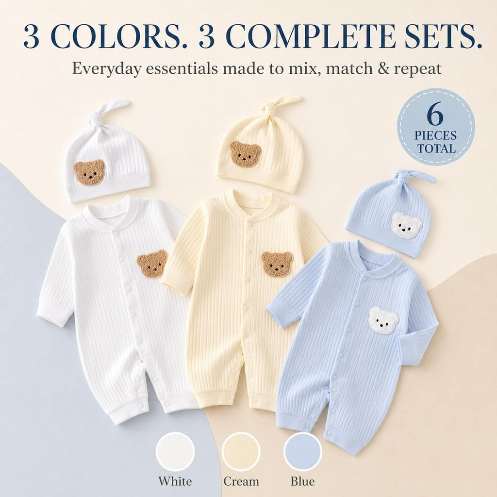 Pack Newborn Baby Boy Girl Clothes with Hat, 100% Cotton