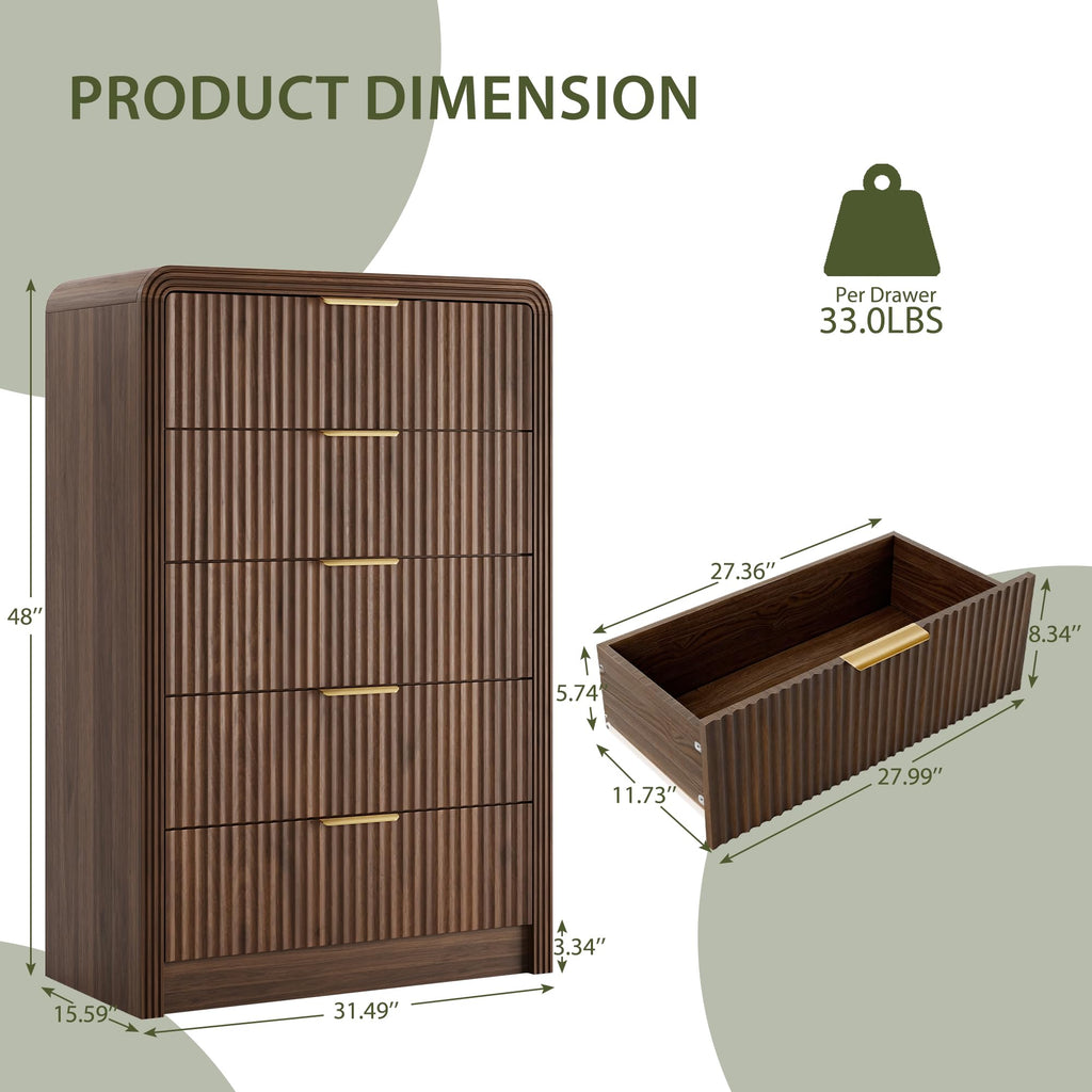 Fluted 5 Drawers Dresser, 48" Tall Chest of Drawers