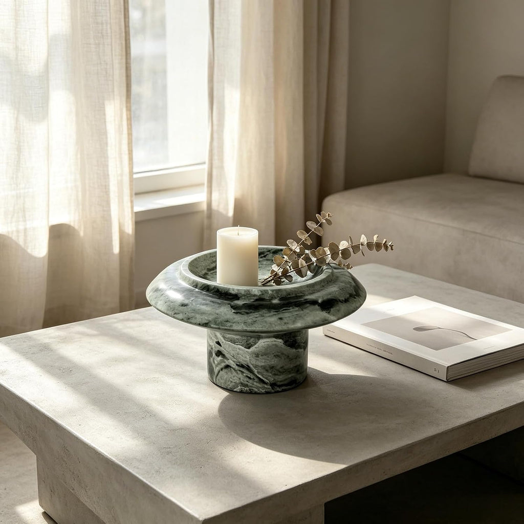 Green Natural Marble Mushroom Pedestal Tray 6.69" x 6.69" x 3.94", Decorative Footed Stone Bowl, Catchall Tray for