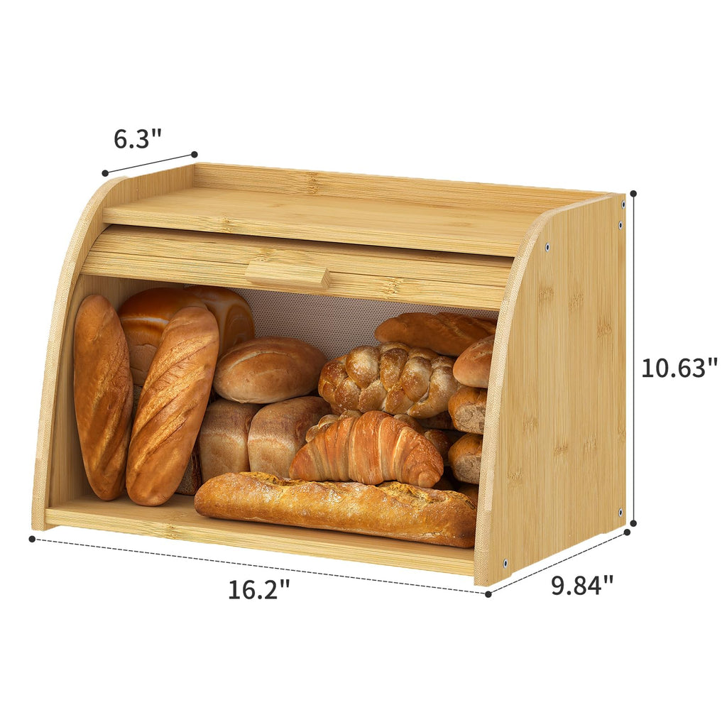 Countertop, Bamboo Bread Storage, Double-Layer Roll-Top Bread Container, Farmhouse Bread Holder made Bread (Natural