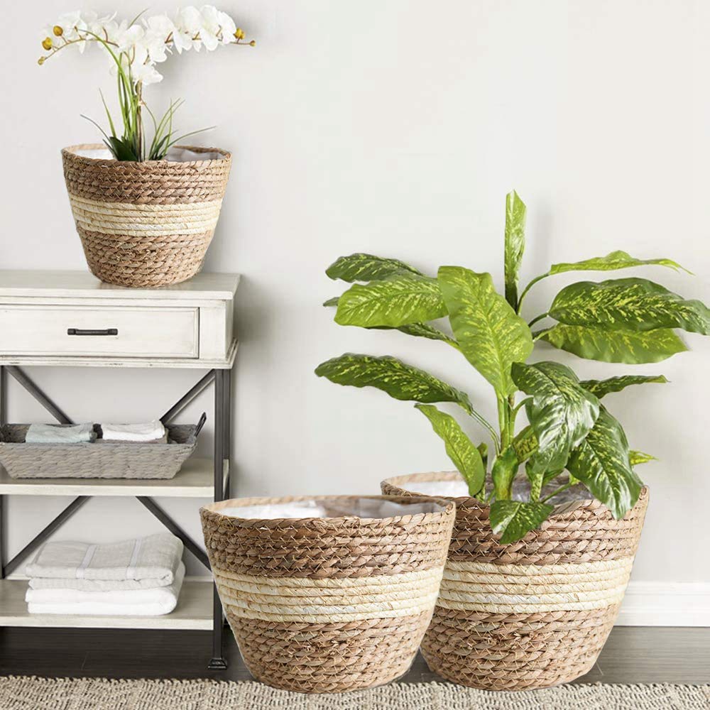 Seagrass Planter Basket - Set of 3 Hand Woven Basket Indoor Outdoor Storage Flower Pot Cover Containers with