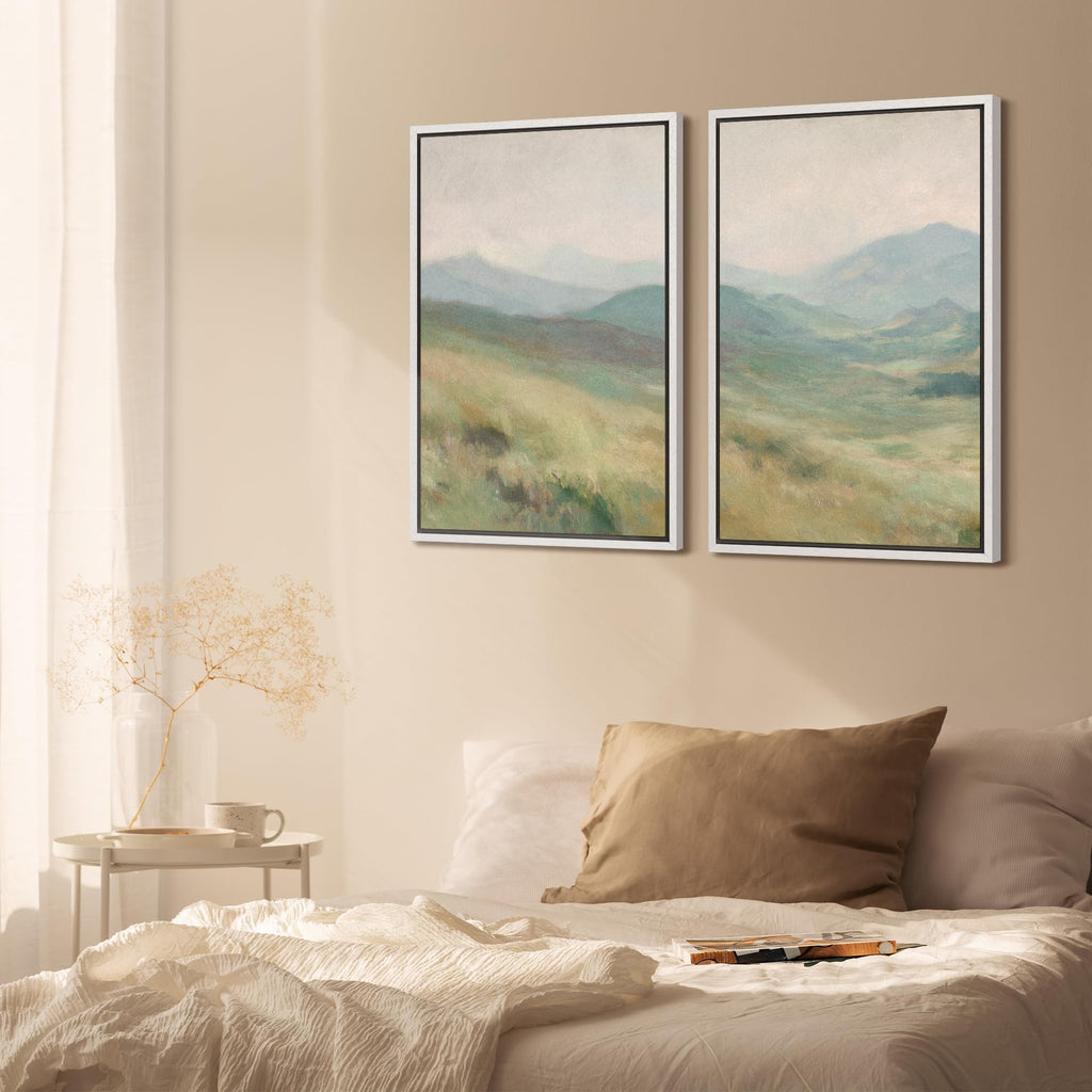 Framed Canvas Print Wall Art Set Soft Green Mountain Landscape Illustration Modern Art Decorative Nature - 24"x36"x2