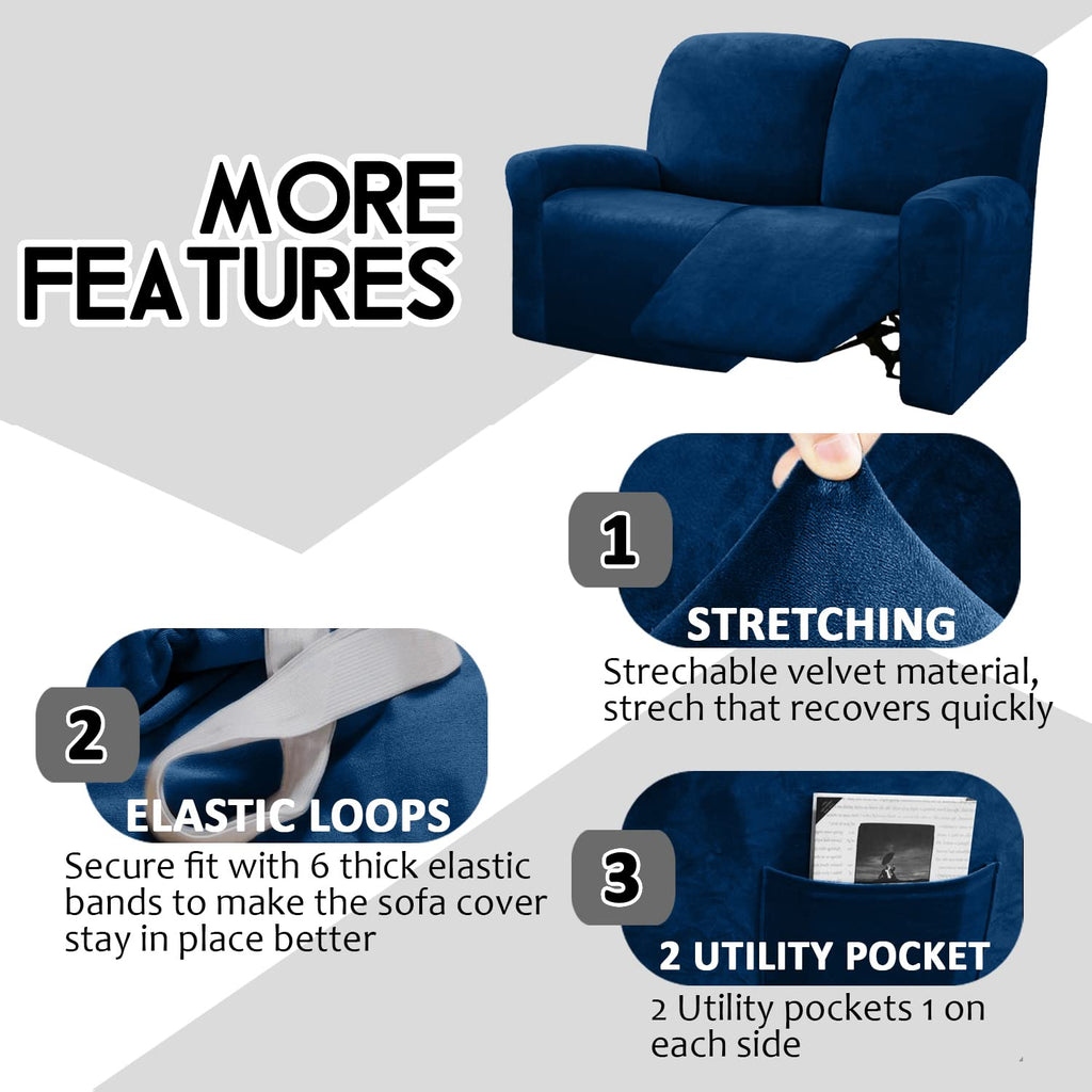 Reclining Love Seat Slipcover, 48" - 65" L, 6-Piece Velvet Stretch Loveseat Recliner Cover, 2 Seat Reclining Sofa