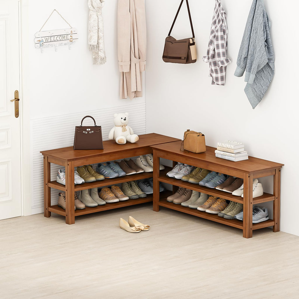 Shoe Bench 3 Tier Bamboo Entryway Storage Benches Rustic Solid Wood Shoe Rack (R-Brown, 39.4"), 3T100