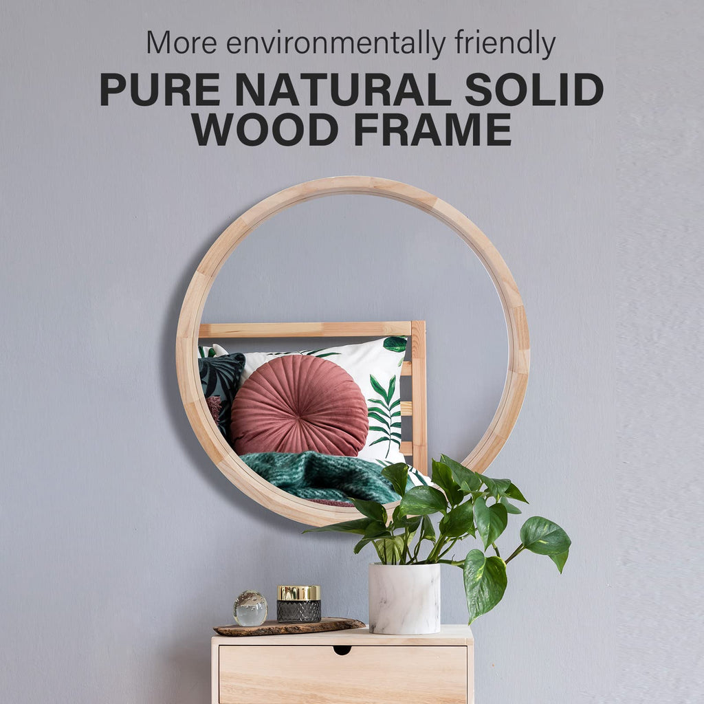 Round Mirror, 30 Inches Wood Mirror, Wall Decorative Circle, Nature Big Bathroom Large Vanity Farmhouse Bedroom