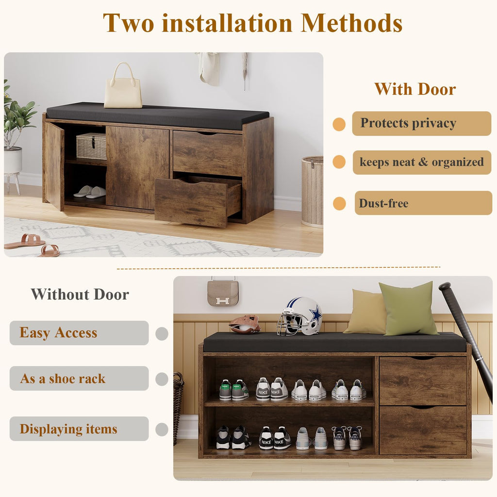 Entryway Shoe Bench, Rustic Storage Bench with Cushioned Seating