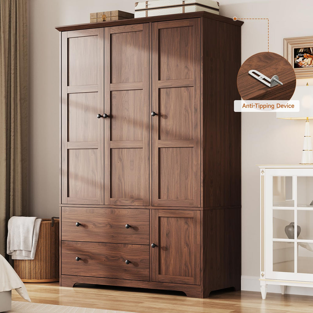3 Doors Wooden Wardrobe Closet, Large Capacity Bedroom Armoires