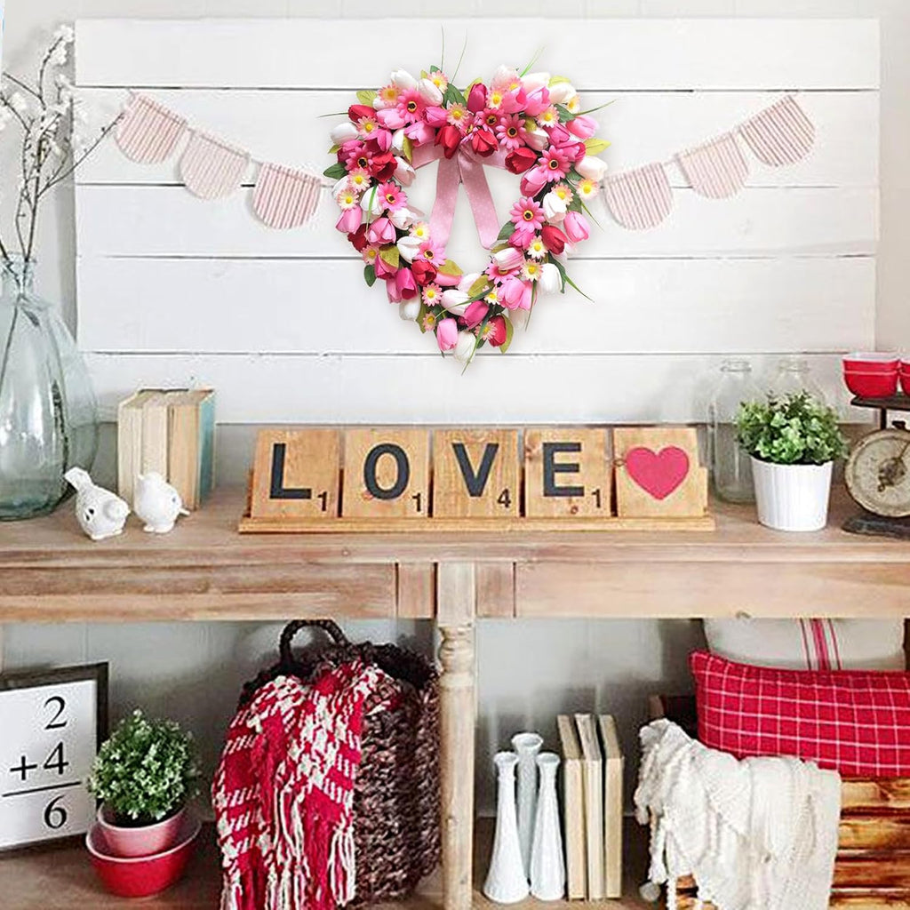 Valentine's Day Heart Shaped Tulip Wreath, 20 Inch Pink White Tulip Floral Wreath for Front Door, Artificial Flower