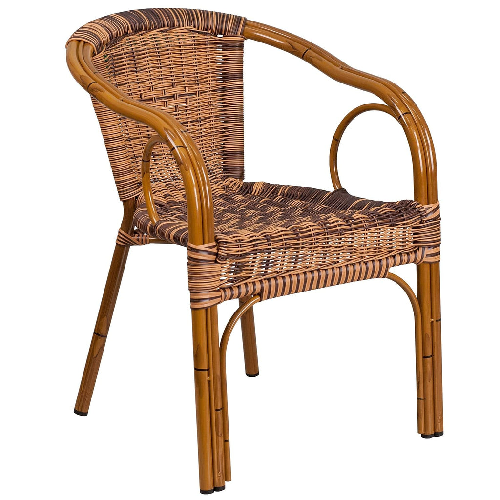 3 Pack Cadiz Series Burning Brown Rattan Restaurant Patio Chair with Dark Red Bamboo-Aluminum Frame