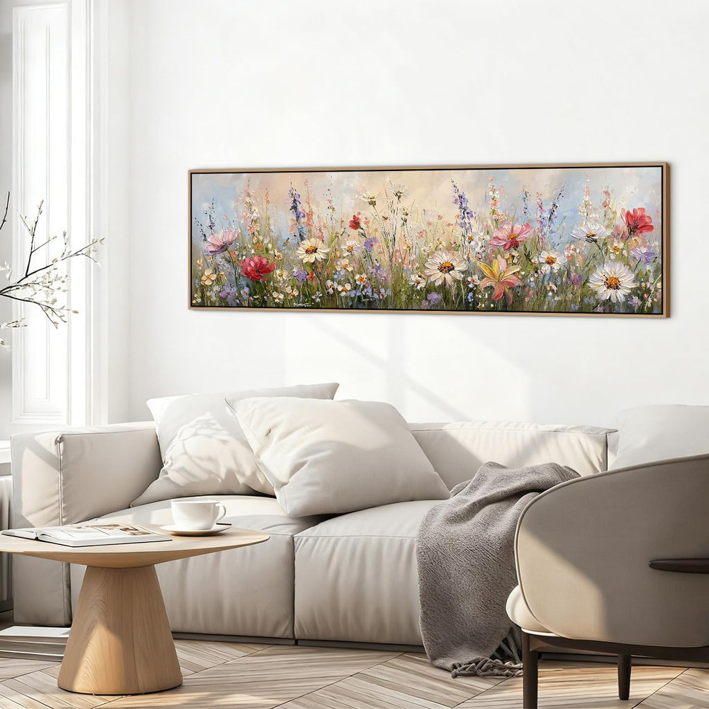 Wood Framed Wildflower Wall Art Bedroom Wall Decor Above Bed, Colorful Flower Poppy Daisy Picture Abstract Nature